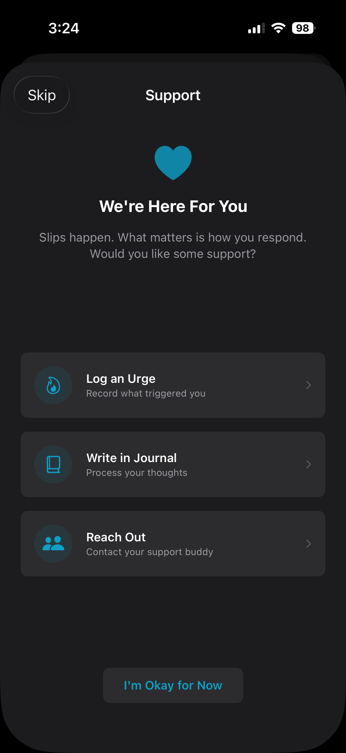 Support options after a slip